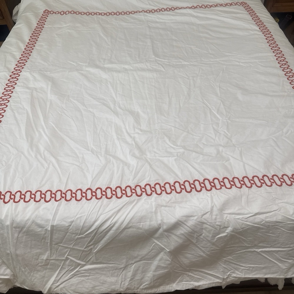 Serena & Lily Duvet Cover White Embroidered Orange Geometric 100% Cotton